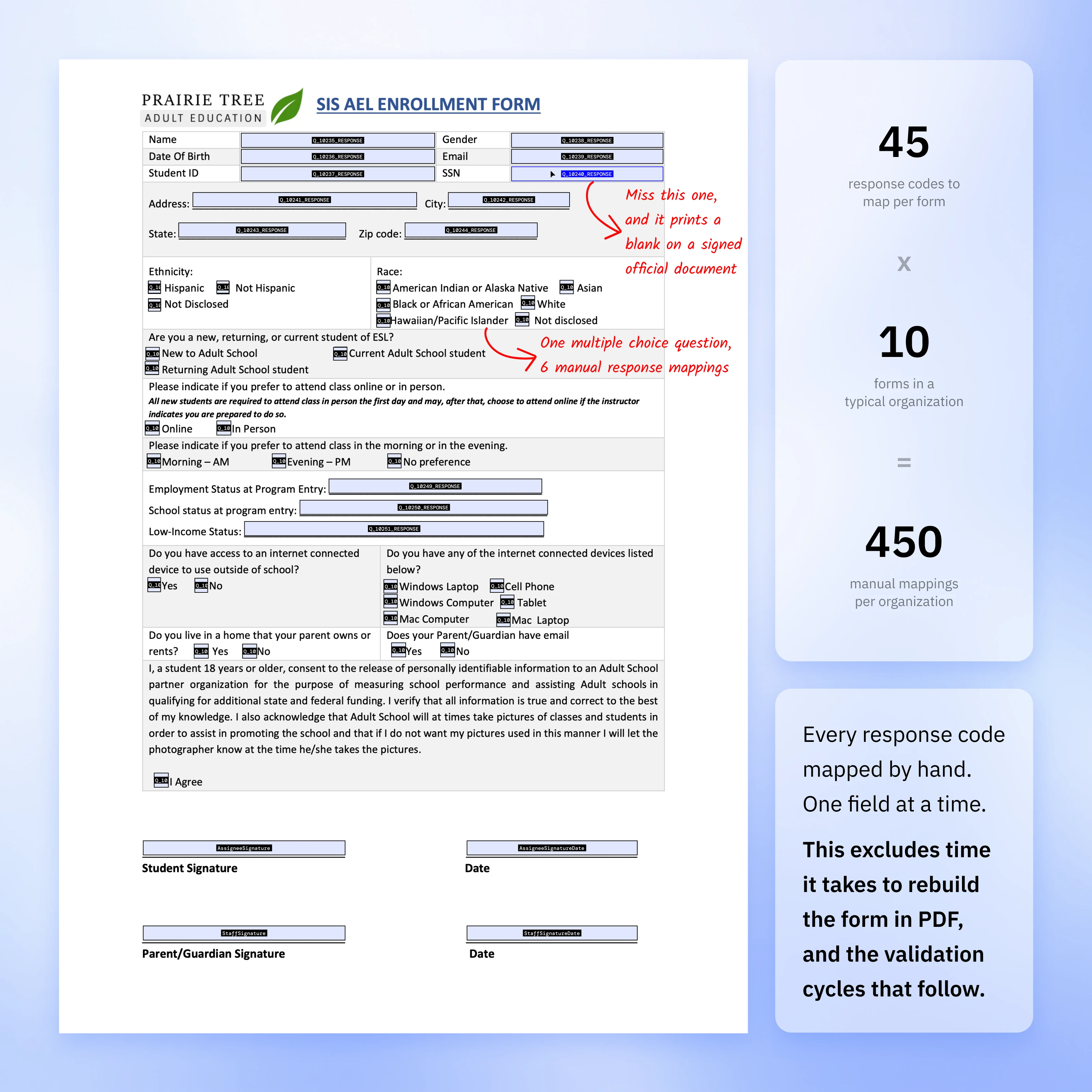 Response mapping for one form: 23 questions expand into 45 response codes, since every possible answer needs its own code
