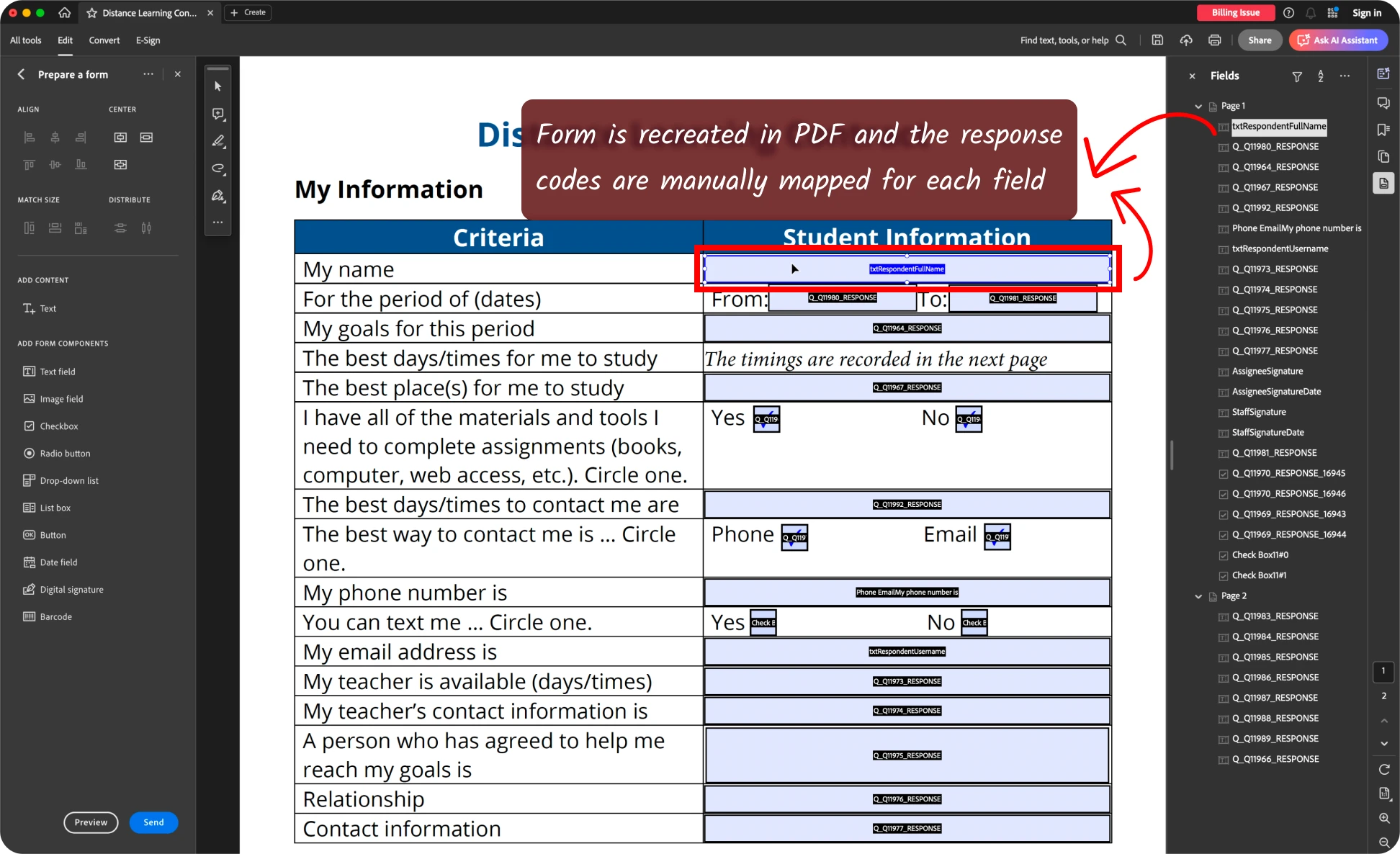 PDF builder with a response code manually entered for a selected field. Step 3: Required fields are recreated in PDF and the response codes are manually mapped for each.