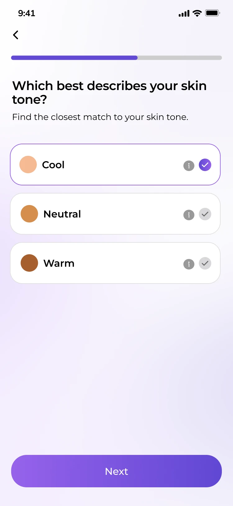 Skin tone question, with each definition hidden behind its own info icon