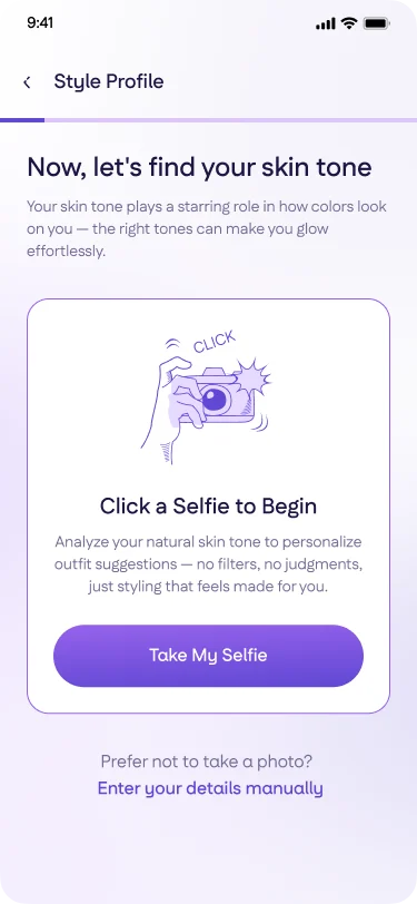 New skin tone landing, leading with the selfie and demoting manual entry to a link