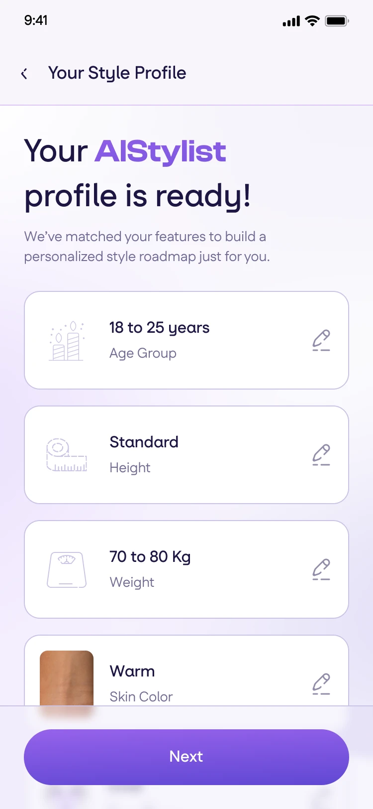 New style profile complete screen, presenting the result as a profile