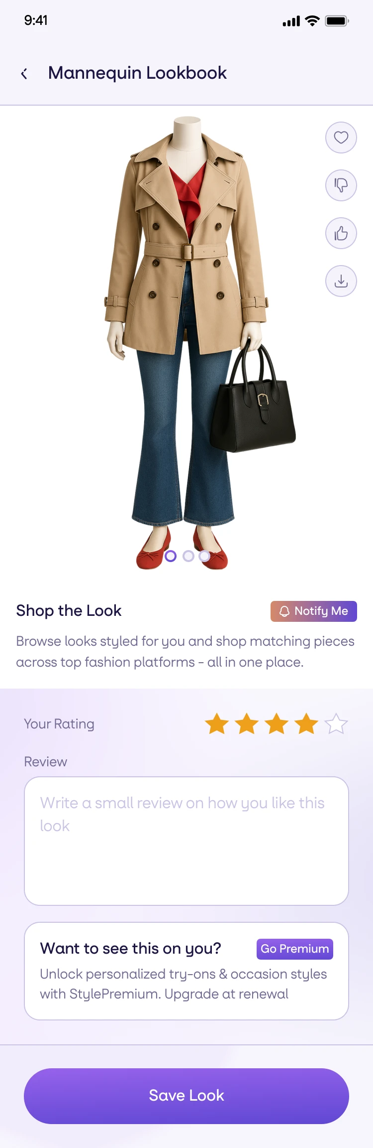 The mannequin lookbook a StyleLite member sees, with the upgrade card below it