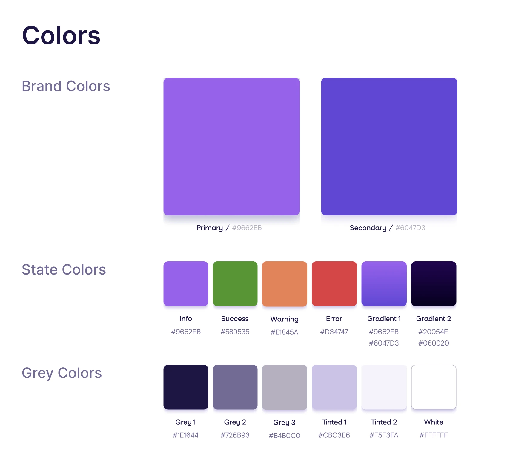 Colour sheet, light theme. A purple primary and secondary, four semantic states tuned to sit beside them, a six step grey ramp and two gradients.