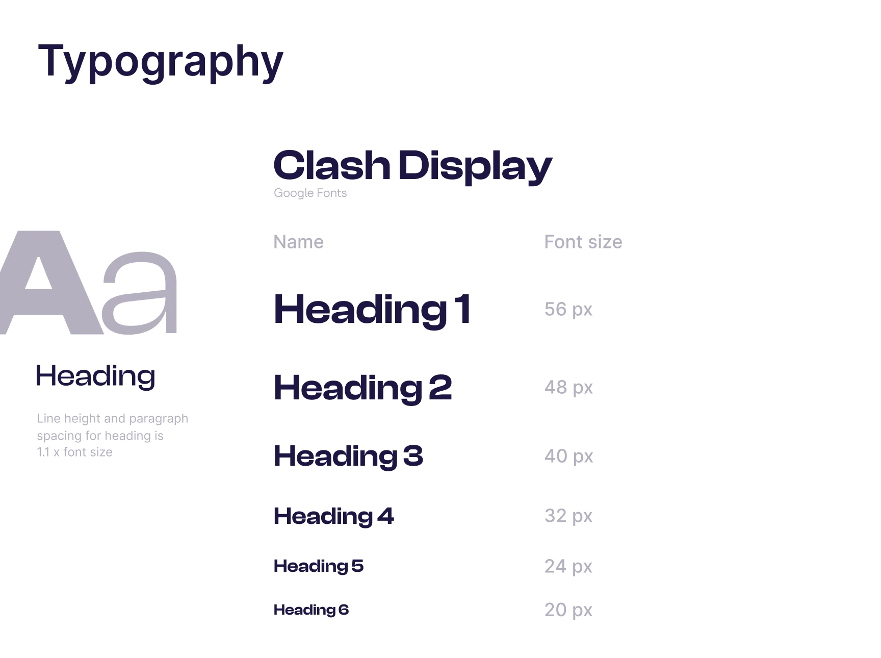 Headings sheet, light theme. Clash Display for headings at six sizes from 56 down to 20, each with its line height as a ratio rather than a pixel value.