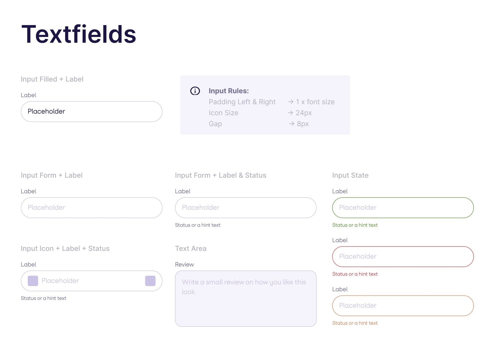 Text fields sheet, light theme. Five field configurations plus a text area, each with label, hint and status, and three input states.