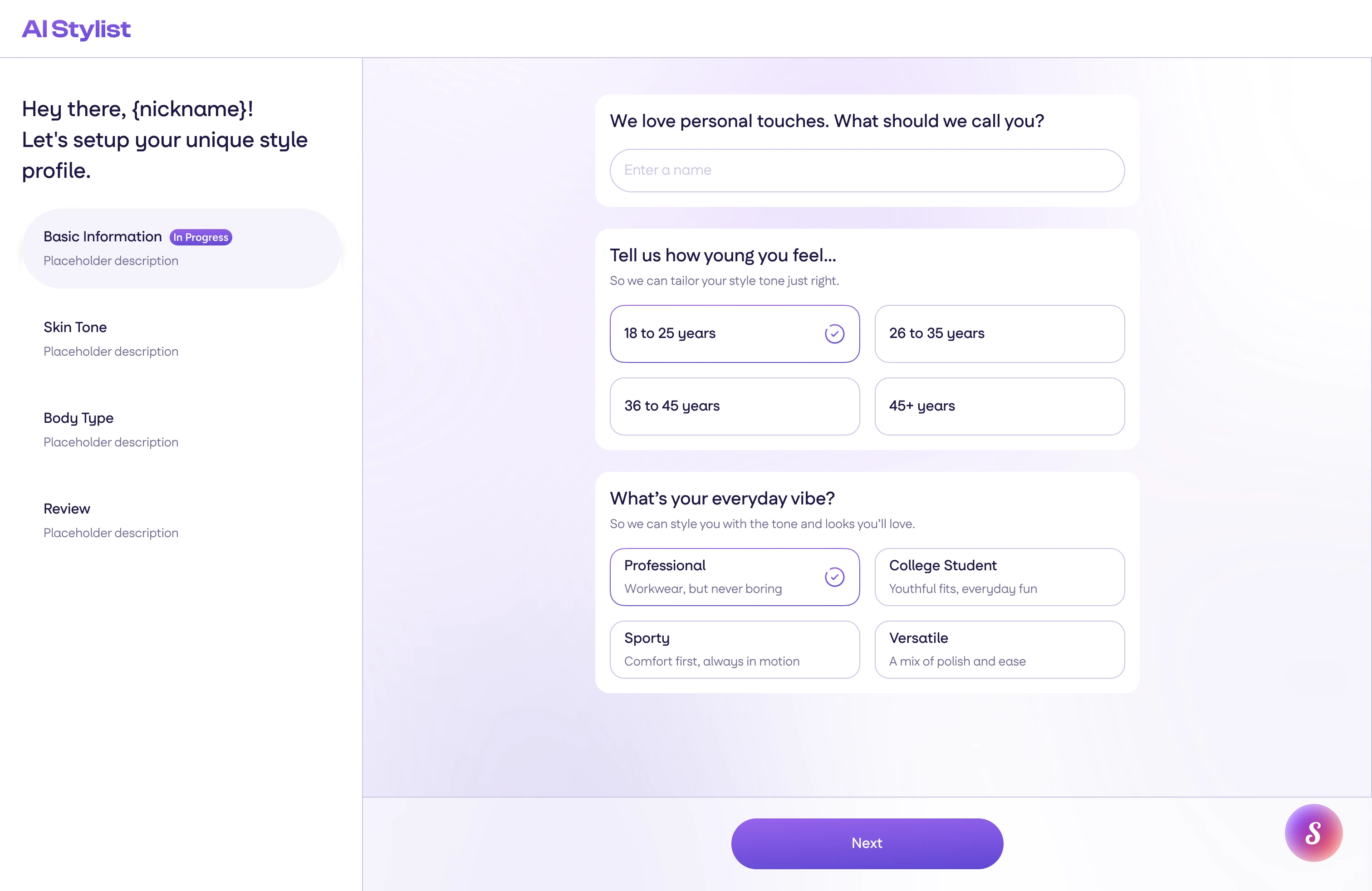 The style profile on web: the steps down the left, the questions in the space a browser gives