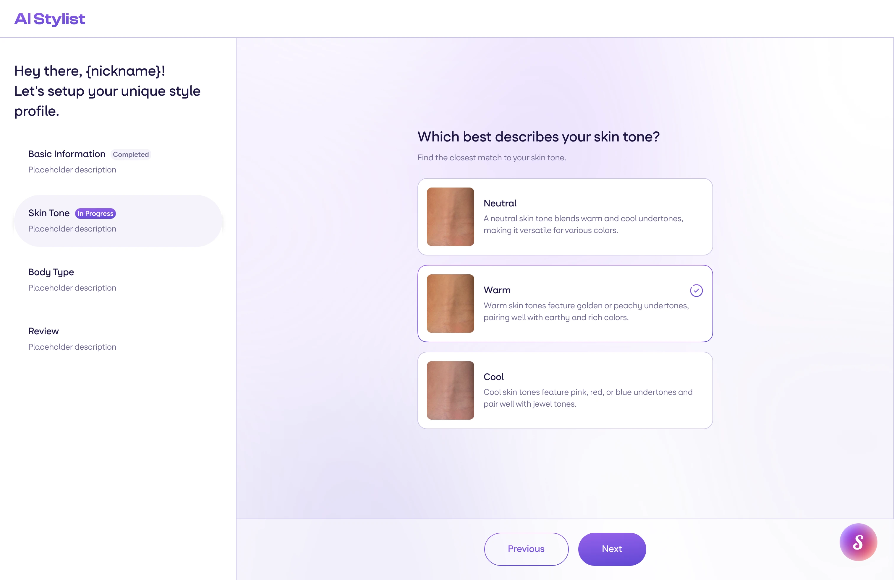 Skin tone selection, every description visible next to its swatch